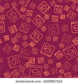 Brown line Online education and graduation icon isolated seamless pattern on red background. Online teacher on monitor. Webinar and video seminar learning.  Vector