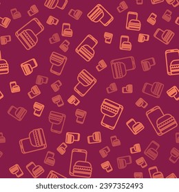 Brown line Online ordering and fast food delivery icon isolated seamless pattern on red background. Burger sign.  Vector Illustration