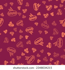 Brown line Online ordering and hotdog sandwich icon isolated seamless pattern on red background. Sausage icon. Fast food sign.  Vector