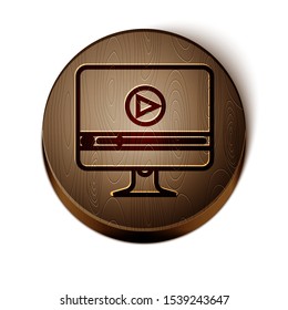 Brown line Online play video icon isolated on white background. Computer monitor and film strip with play sign. Wooden circle button. Vector Illustration