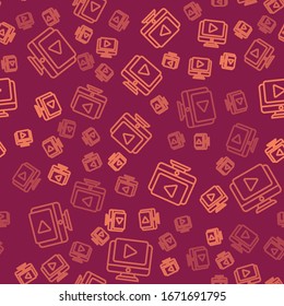 Brown line Online play video icon isolated seamless pattern on red background. Computer monitor and film strip with play sign.  Vector Illustration