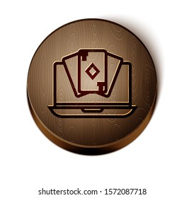 Brown line Online poker table game icon isolated on white background. Online casino. Wooden circle button. Vector Illustration