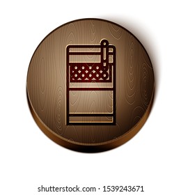 Brown line Open cigarettes pack box icon isolated on white background. Cigarettes pack. Wooden circle button. Vector Illustration