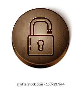 Brown line Open padlock icon isolated on white background. Opened lock sign. Cyber security concept. Digital data protection. Safety safety. Wooden circle button. Vector Illustration