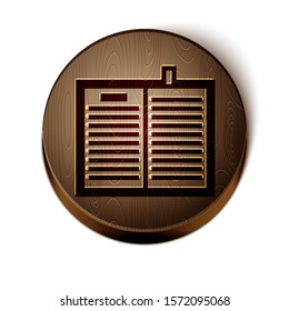 Brown line Open science book icon isolated on white background. Wooden circle button. Vector Illustration