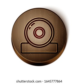 Brown line Otolaryngological head reflector icon isolated on white background. Equipment for inspection the patient's ear, throat and nose. Wooden circle button. Vector Illustration