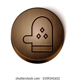 Brown line Oven glove icon isolated on white background. Kitchen potholder sign. Cooking glove. Wooden circle button. Vector Illustration