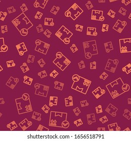 Cuadro Paquete de línea marrón con icono de marca de verificación aislado patrón transparente en fondo rojo. Cuadro de paquete. Entrega aprobada o recepción de paquete correcta.  Ilustración vectorial