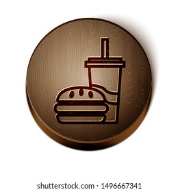 Brown line Paper glass with drinking straw and burger icon isolated on white background. Soda aqua drink sign. Hamburger, cheeseburger sandwich. Wooden circle button. Vector Illustration