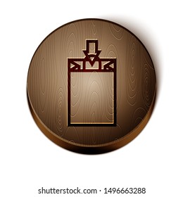 Brown line Paper shopping bag icon isolated on white background. Package sign. Wooden circle button. Vector Illustration