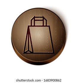 Brown line Paper shopping bag icon isolated on white background. Package sign. Wooden circle button. Vector Illustration