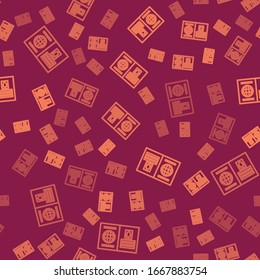 Brown line Passport with biometric data icon isolated seamless pattern on red background. Identification Document.  Vector Illustration