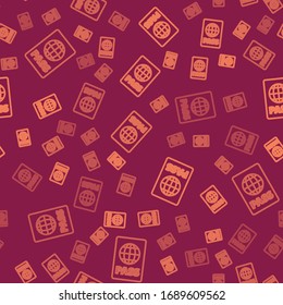 Brown line Passport with biometric data icon isolated seamless pattern on red background. Identification Document.  Vector Illustration