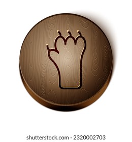 Brown line Paw print icon isolated on white background. Dog or cat paw print. Animal track. Wooden circle button. Vector