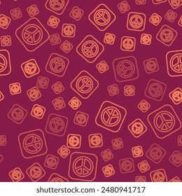 Brown line Peace icon isolated seamless pattern on red background. Hippie symbol of peace.  Vector