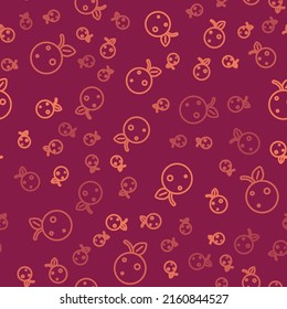 Brown line Peach fruit or nectarine with leaf icon isolated seamless pattern on red background.  Vector