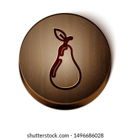 Brown line Pear icon isolated on white background. Fruit with leaf symbol. Wooden circle button. Vector Illustration