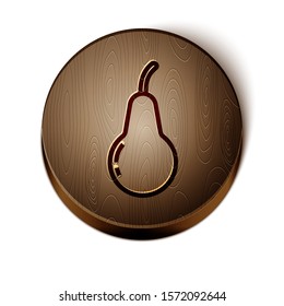 Brown line Pear icon isolated on white background. Fruit with leaf symbol. Wooden circle button. Vector Illustration