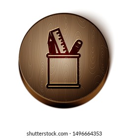Brown line Pencil case stationery icon isolated on white background. Pencil, pen, ruler in a glass for office. Wooden circle button. Vector Illustration
