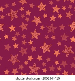 Brown line Pentagram icon isolated seamless pattern on red background. Magic occult star symbol.  Vector