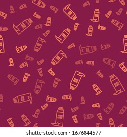 Brown line Pepper spray icon isolated seamless pattern on red background. OC gas. Capsicum self defense aerosol.  Vector Illustration