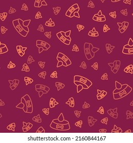 Brown line Pet food bowl for cat or dog icon isolated seamless pattern on red background. Dog or cat paw print.  Vector