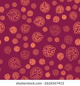 Brown line Petri dish with bacteria icon isolated seamless pattern on red background.  Vector