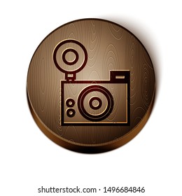 Brown line Photo camera icon isolated on white background. Foto camera icon. Wooden circle button. Vector Illustration