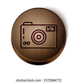 Brown line Photo camera icon isolated on white background. Foto camera icon. Wooden circle button. Vector Illustration