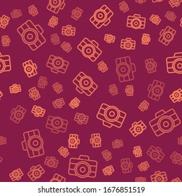 Brown line Photo camera icon isolated seamless pattern on red background. Foto camera icon.  Vector Illustration