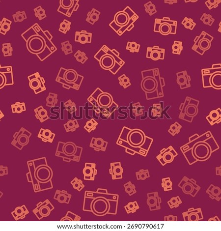 Brown line Photo camera icon isolated seamless pattern on red background. Foto camera icon.  Vector