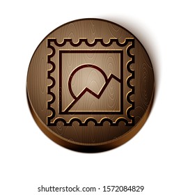 Brown line Picture landscape icon isolated on white background. Wooden circle button. Vector Illustration