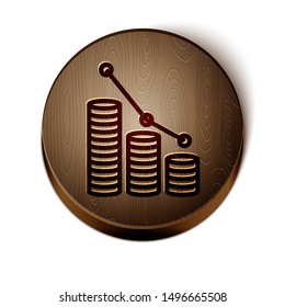 Brown line Pie chart infographic and coin icon isolated on white background. Diagram chart sign.  Wooden circle button. Vector Illustration