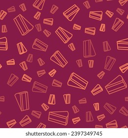 Línea marrón Pieza del icono del pastel aislado patrón sin costura sobre fondo rojo. Feliz cumpleaños.  Vector