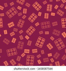 Brown line Pills in blister pack icon isolated seamless pattern on red background. Medical drug package for tablet, vitamin, antibiotic, aspirin.  Vector Illustration