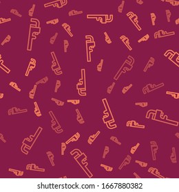 Brown line Pipe adjustable wrench icon isolated seamless pattern on red background.  Vector Illustration