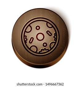 Brown line Pizza icon isolated on white background. Fast food menu. Wooden circle button. Vector Illustration