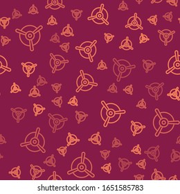 Brown line Plane propeller icon isolated seamless pattern on red background. Vintage aircraft propeller.  Vector Illustration