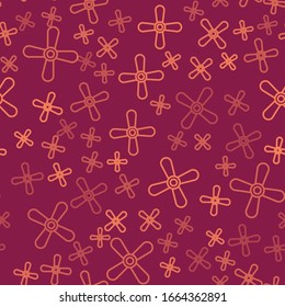 Brown line Plane propeller icon isolated seamless pattern on red background. Vintage aircraft propeller.  Vector Illustration