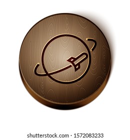 Brown line Planet icon isolated on white background. Wooden circle button. Vector Illustration