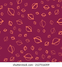 Brown line Planet Saturn with planetary ring system icon isolated seamless pattern on red background.  Vector
