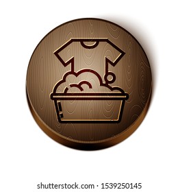 Brown line Plastic basin with soap suds icon isolated on white background. Bowl with water. Washing clothes, cleaning equipment. Wooden circle button. Vector Illustration