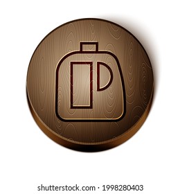 Brown line Plastic bottles for laundry detergent, bleach, dishwashing liquid or another cleaning agent icon isolated on white background. Wooden circle button. Vector Illustration
