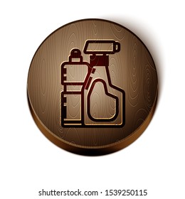 Brown line Plastic bottles for liquid laundry detergent, bleach, dishwashing liquid or another cleaning agent icon isolated on white background. Wooden circle button. Vector Illustration
