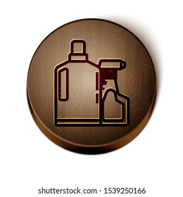 Brown line Plastic bottles for liquid laundry detergent, bleach, dishwashing liquid or another cleaning agent icon isolated on white background. Wooden circle button. Vector Illustration