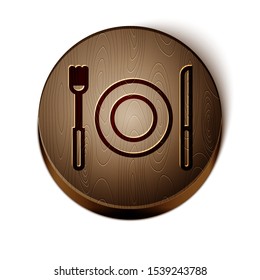 Brown line Plate, fork and knife icon isolated on white background. Cutlery symbol. Restaurant sign. Wooden circle button. Vector Illustration