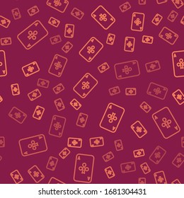 Brown line Playing card with clubs symbol icon isolated seamless pattern on red background. Casino gambling.  Vector Illustration
