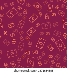 Brown line Playing card with spades symbol icon isolated seamless pattern on red background. Casino gambling.  Vector Illustration