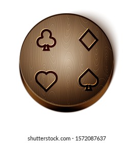 Brown line Playing cards icon isolated on white background. Casino gambling. Wooden circle button. Vector Illustration