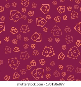 Brown line Playing cards icon isolated seamless pattern on red background. Casino gambling.  Vector Illustration